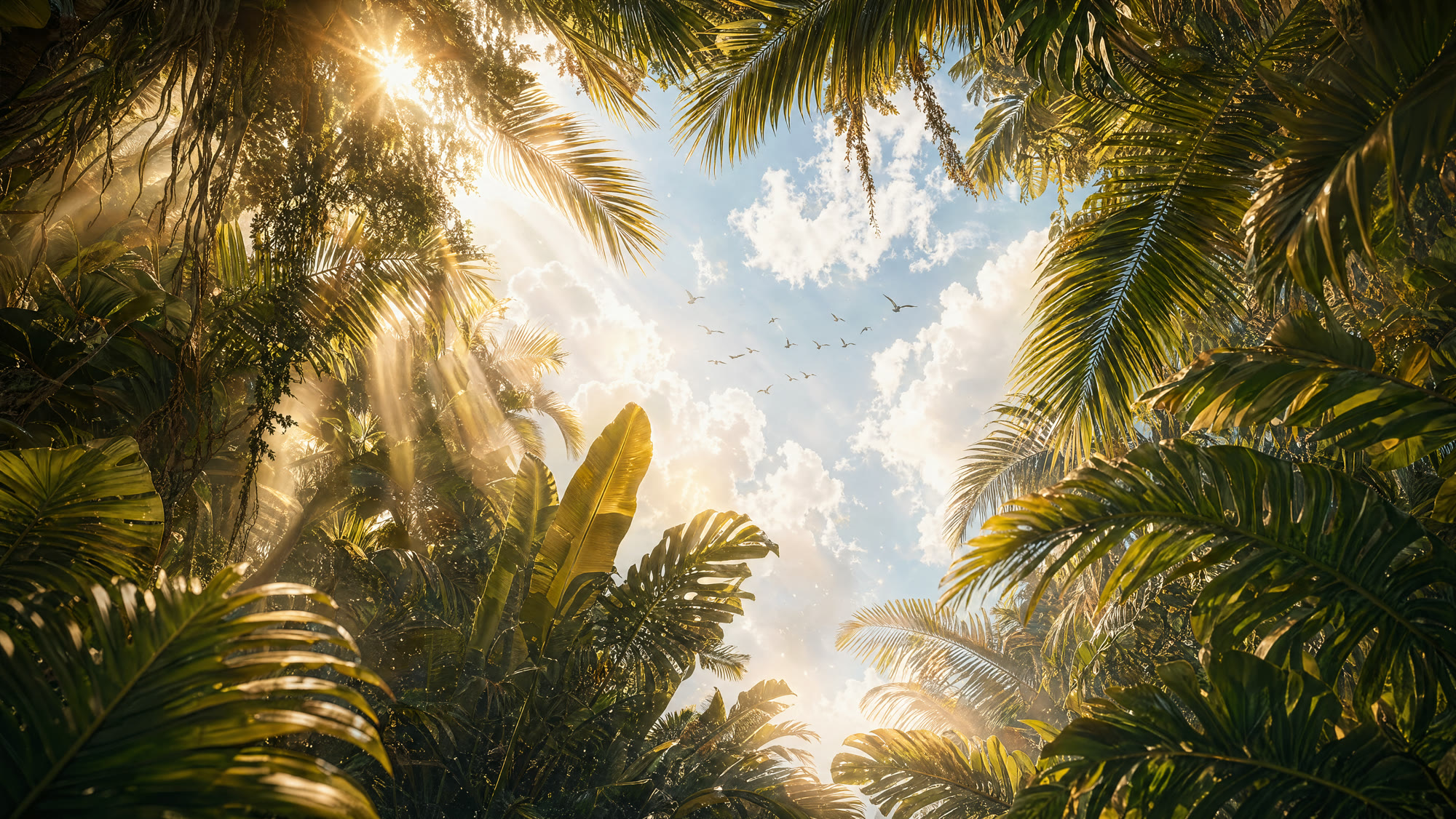 Canopy with sky, god-rays and birds