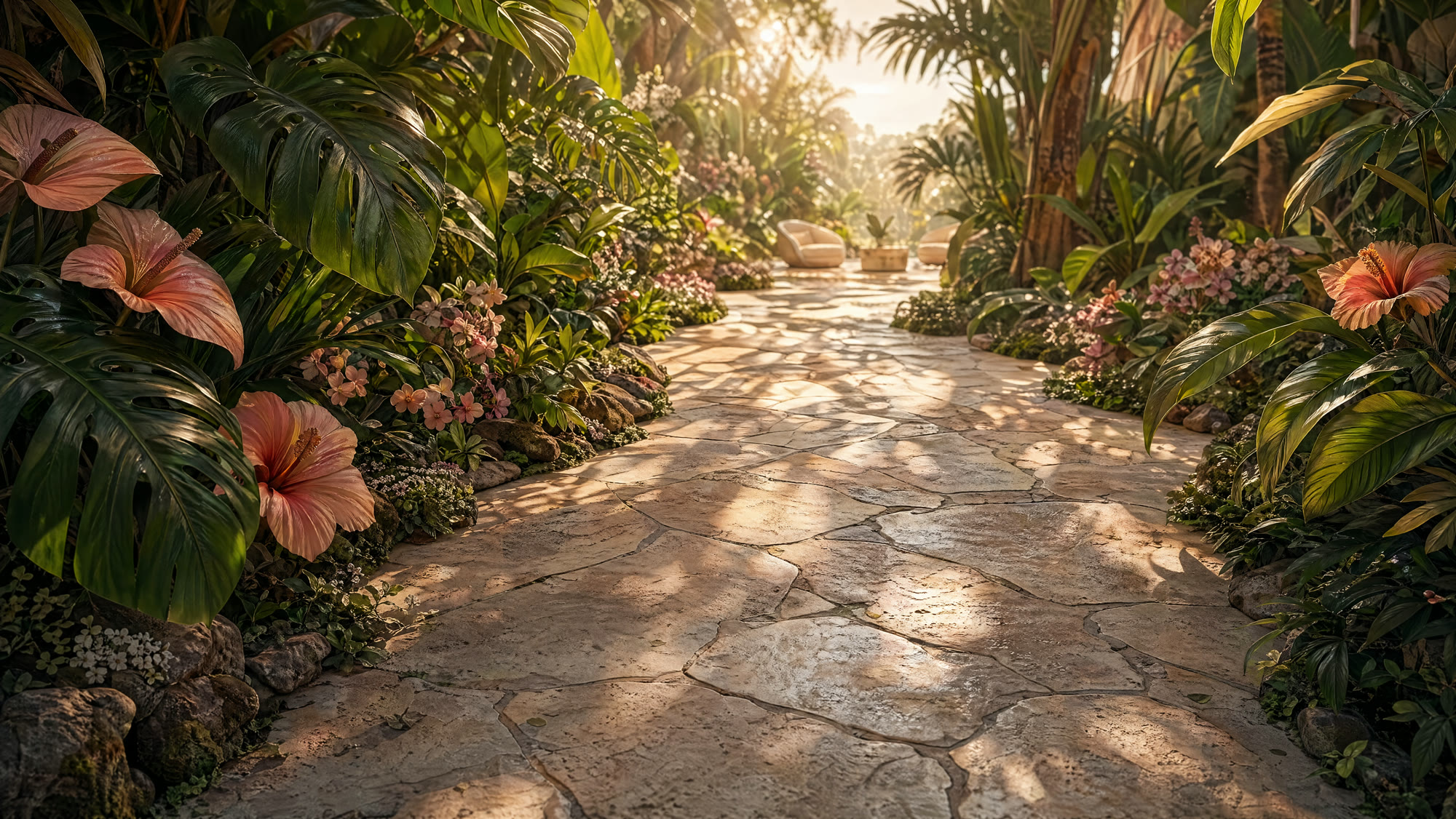 Honed stone pathway dappled in sun